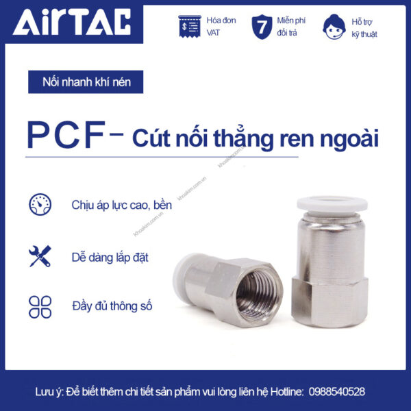 PCF cút nối thẳng ren trong khí nén Airtac